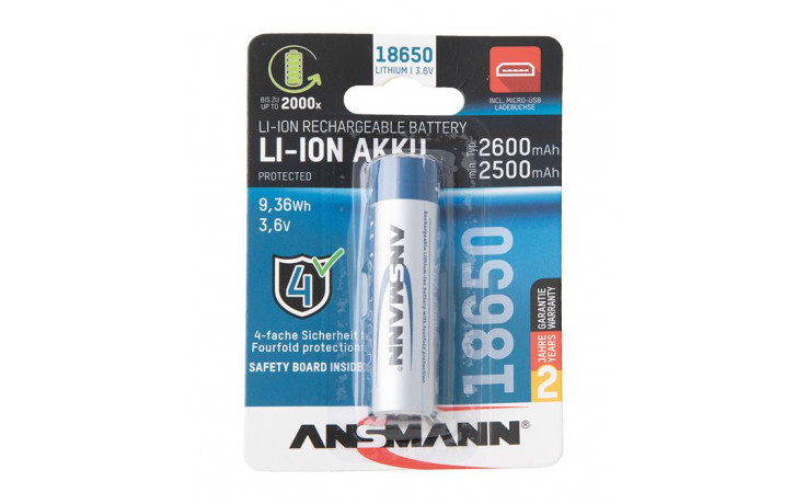 Akku Li-ion 18650 3.6V 2.600 mAh mit USB