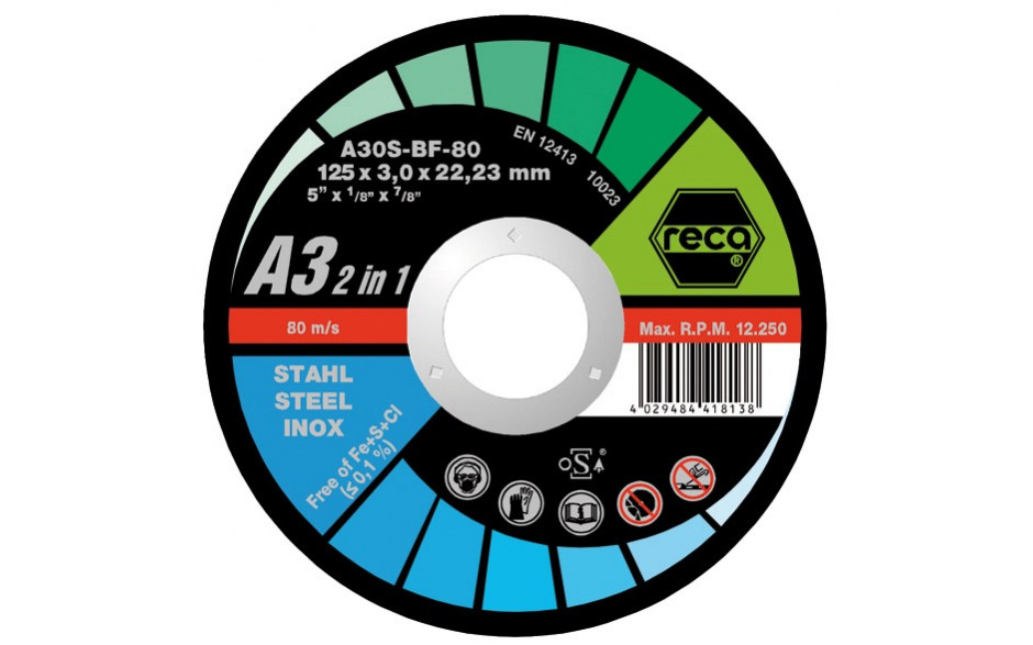 RECA Trennscheibe A3 2in1 gekröpft Durchmesser 125 mm Stärke 2,5 mm Bohrung 22,23 mm