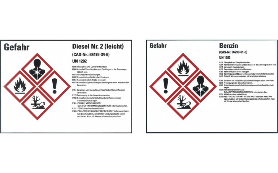 Gemisch 1:25 UN1203, Gefahrstoffetiketten gemäß CLP/GHS, PVC-Klebefolie 105x148 mm