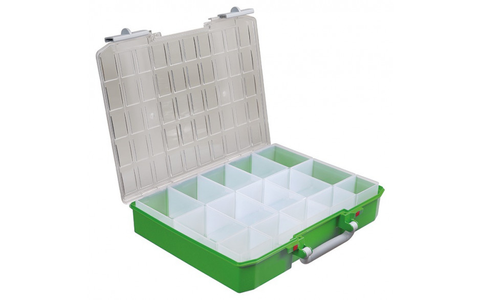RECA MAXMOBIL RECA-Servicekoffer mit 15 Einsatzkästen 79 x 413 x 330 mm, grün, mit grauem Griff und Verschlüssen GRKPS8015-R