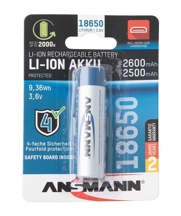 Akku Li-ion 18650 3.6V 2.600 mAh mit USB