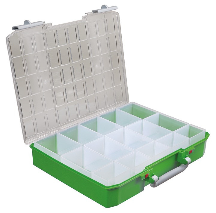 RECA MAXMOBIL RECA-Servicekoffer mit 15 Einsatzkästen 79 x 413 x 330 mm, grün, mit grauem Griff und Verschlüssen GRKPS8015-R